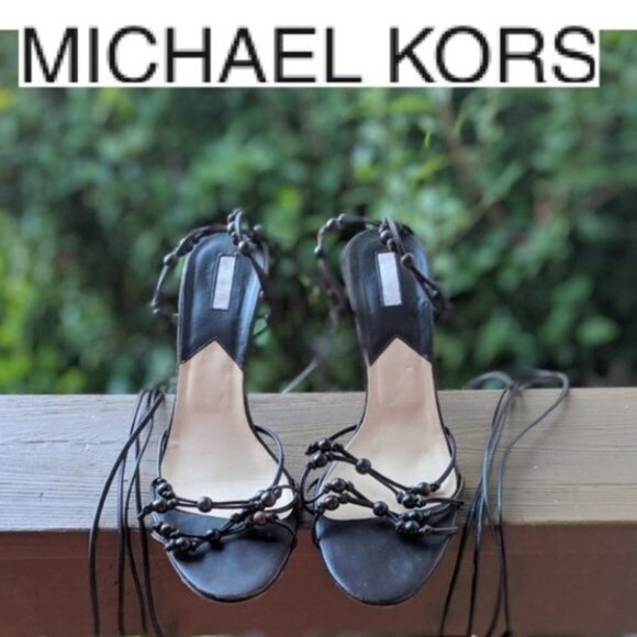 Michael Kors Brown Beaded Wrap Heel Sandals 10 - Picture 1 of 8